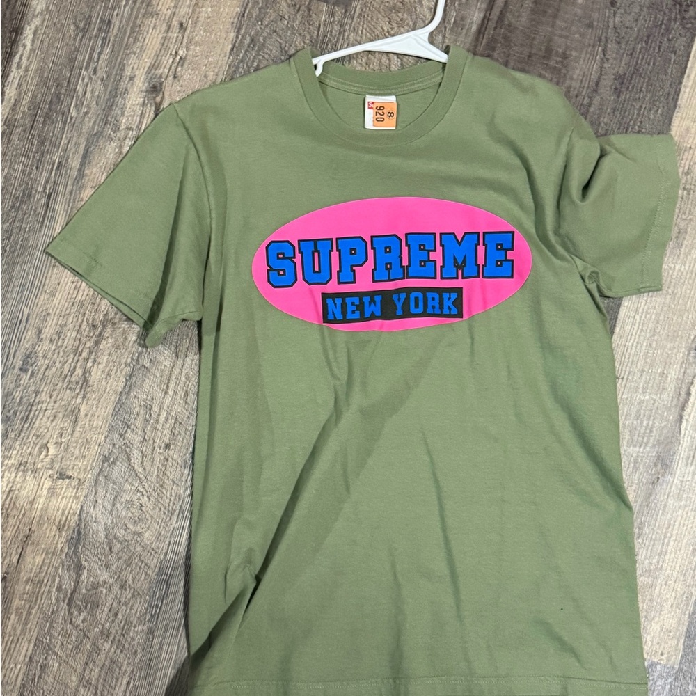 Supreme Olive Tee with Pink and Blue Logo
